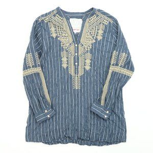 Johnny Was 3J Workshop Women XL 1/2 Button Embroidered Tunic Blouse Blue Stripe
